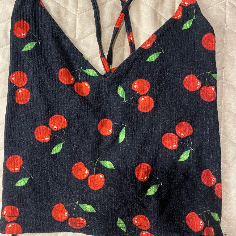 Cherry Print Black Crop Top